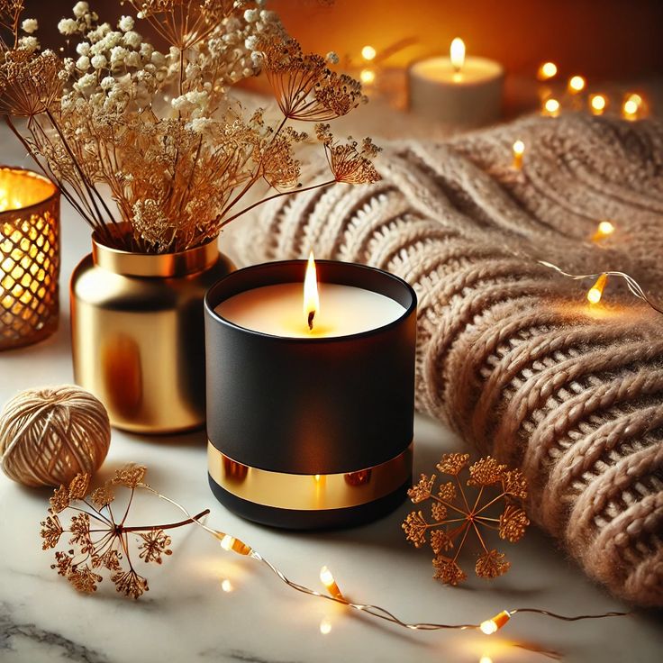 A beautifully lit candle surrounded by decorative items, showcasing different aspects of candles.